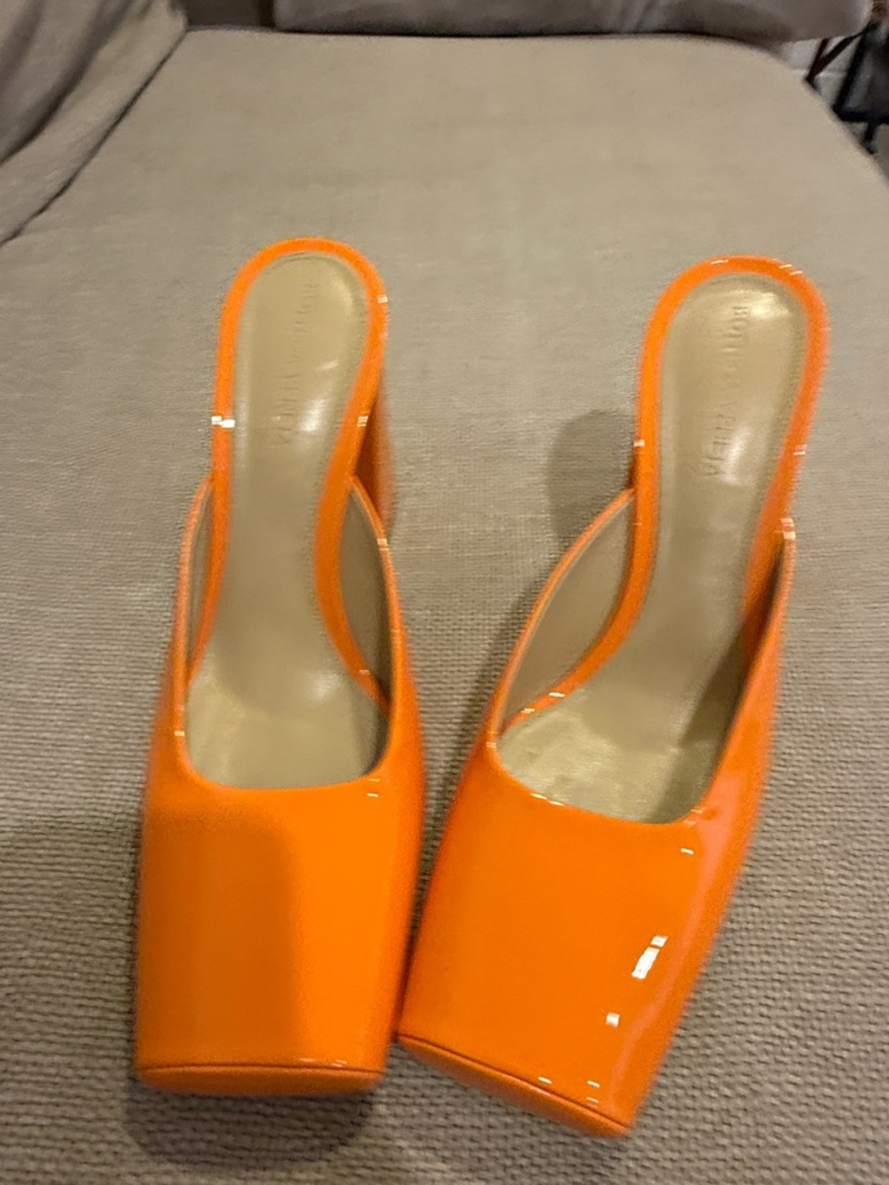 Bottega Veneta Orange Patent Square-Toe High Heel Mules